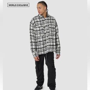 MNML Men’s Raw Edge Flannel Shirt White And Black Size Small